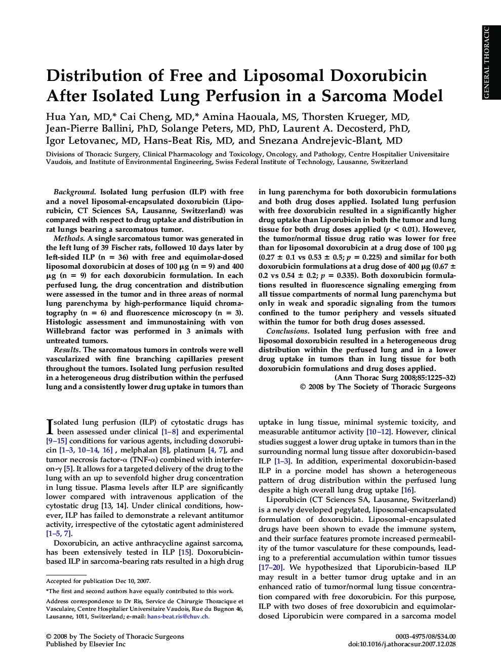 Distribution of Free and Liposomal Doxorubicin After Isolated Lung Perfusion in a Sarcoma Model