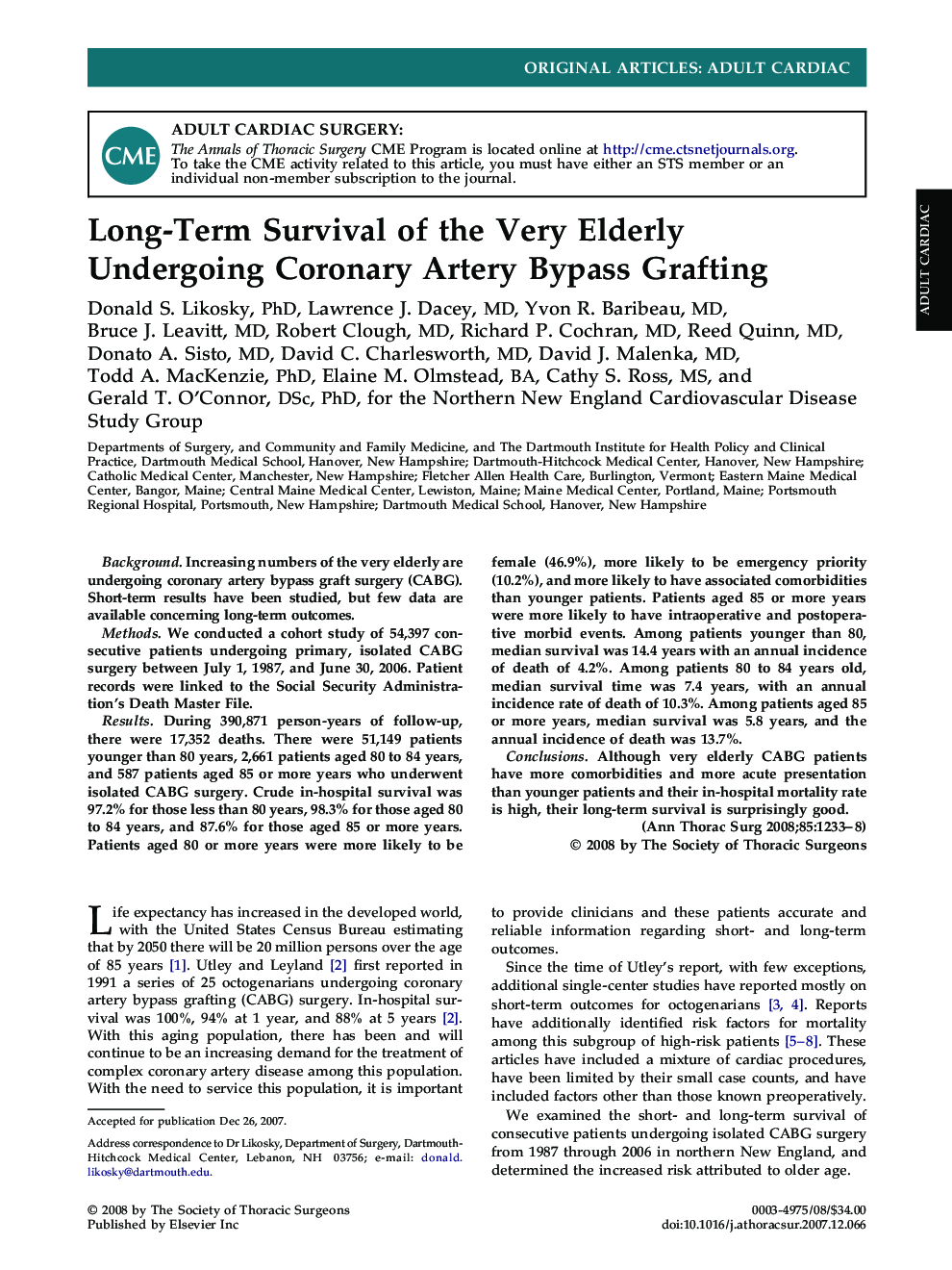 Long-Term Survival of the Very Elderly Undergoing Coronary Artery Bypass Grafting