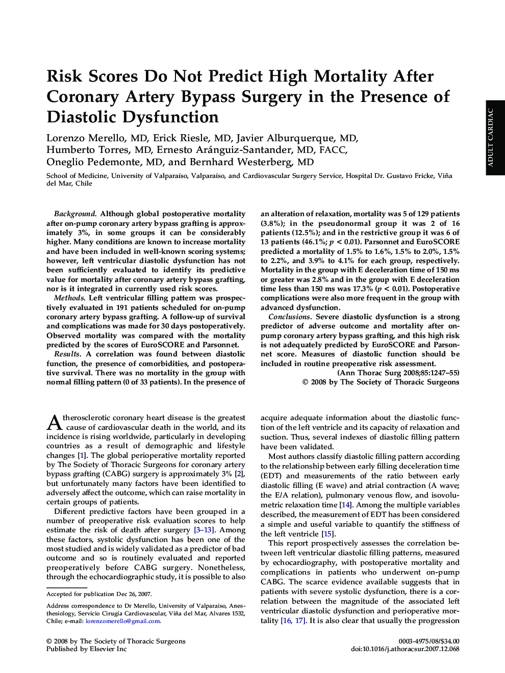 Risk Scores Do Not Predict High Mortality After Coronary Artery Bypass Surgery in the Presence of Diastolic Dysfunction