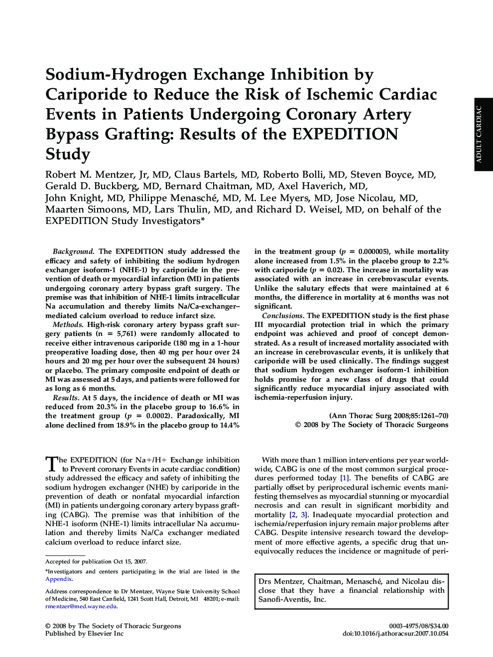 عکس صفحه اول مقاله: Sodium-Hydrogen Exchange Inhibition by Cariporide to Reduce the Risk of Ischemic Cardiac Events in Patients Undergoing Coronary Artery Bypass Grafting: Results of the EXPEDITION Study Sodium-Hydrogen Exchange Inhibition by Cariporide to Reduce the Risk of Ischemic Cardiac Events in Patients Undergoing Coronary Artery Bypass Grafting: Results of the EXPEDITION Study