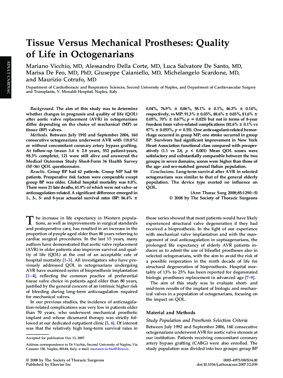 Tissue Versus Mechanical Prostheses: Quality of Life in Octogenarians