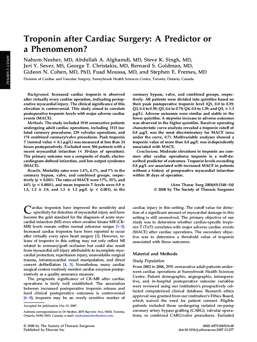 Troponin after Cardiac Surgery: A Predictor or a Phenomenon?