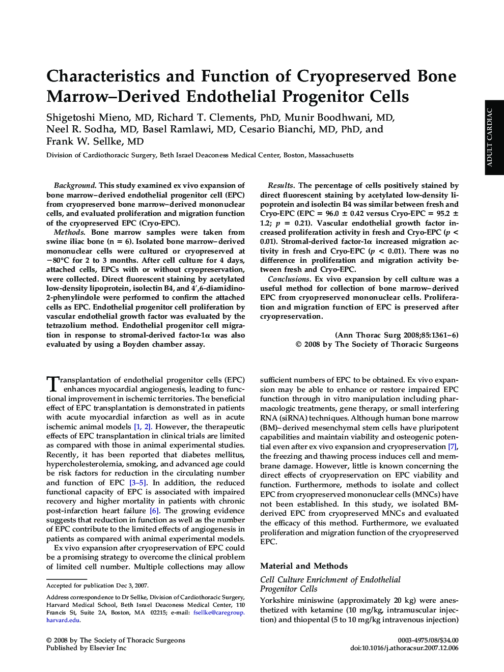 Characteristics and Function of Cryopreserved Bone Marrow-Derived Endothelial Progenitor Cells
