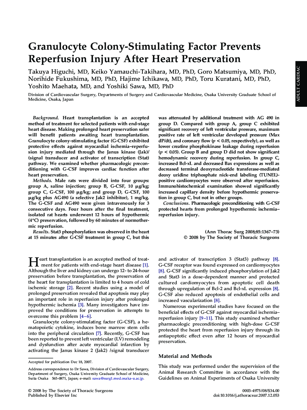 Granulocyte Colony-Stimulating Factor Prevents Reperfusion Injury After Heart Preservation