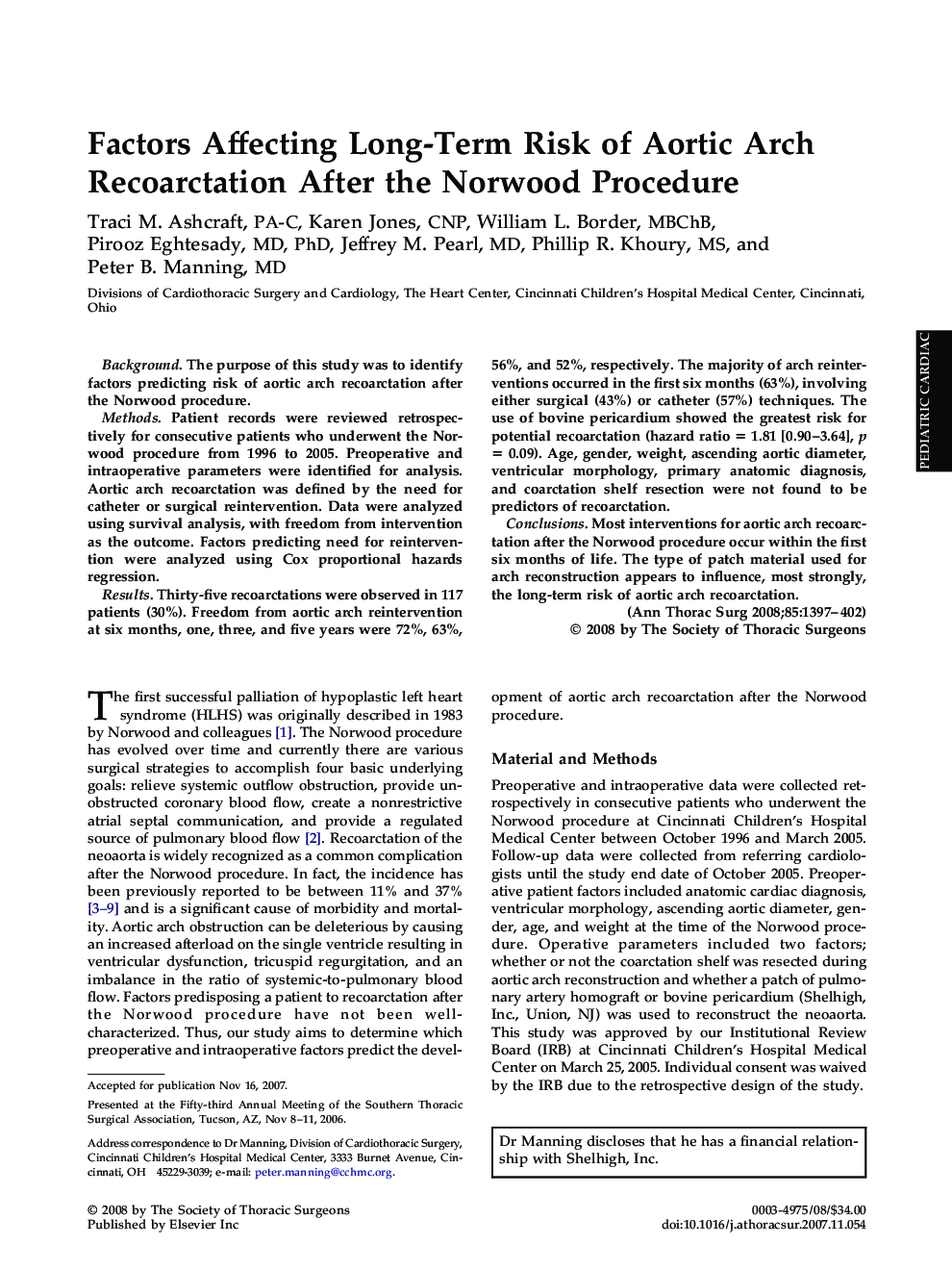 Factors Affecting Long-Term Risk of Aortic Arch Recoarctation After the Norwood Procedure