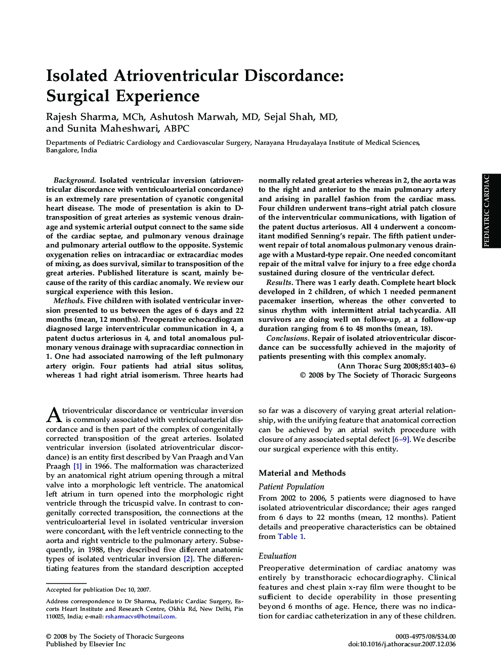 Isolated Atrioventricular Discordance: Surgical Experience