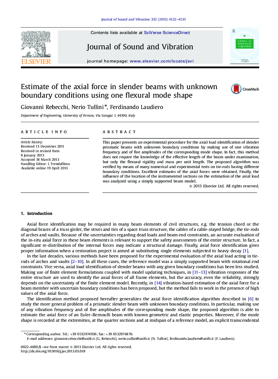 Estimate of the axial force in slender beams with unknown boundary conditions using one flexural mode shape