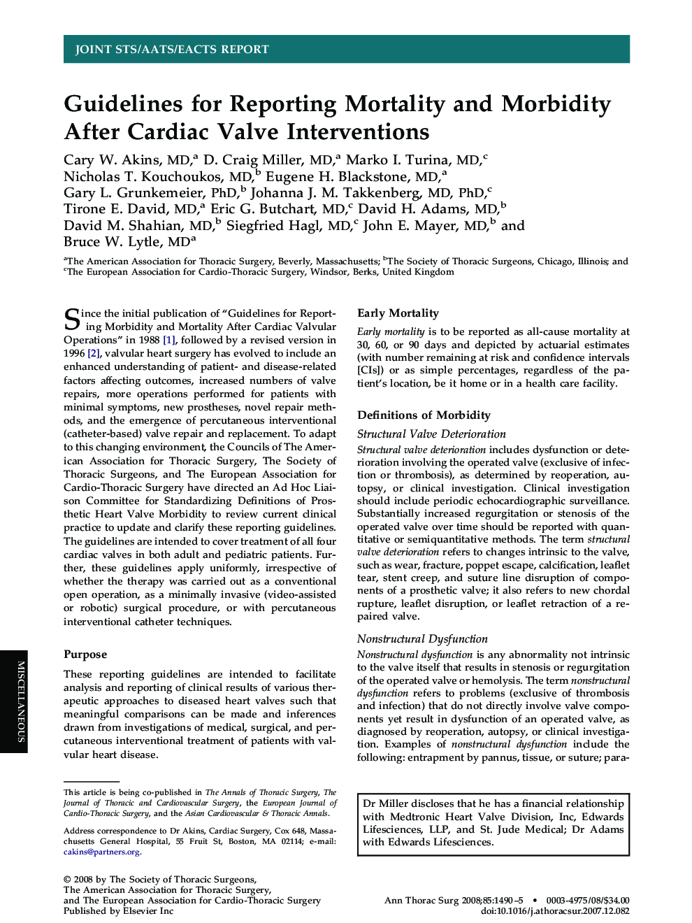 Guidelines for Reporting Mortality and Morbidity After Cardiac Valve Interventions
