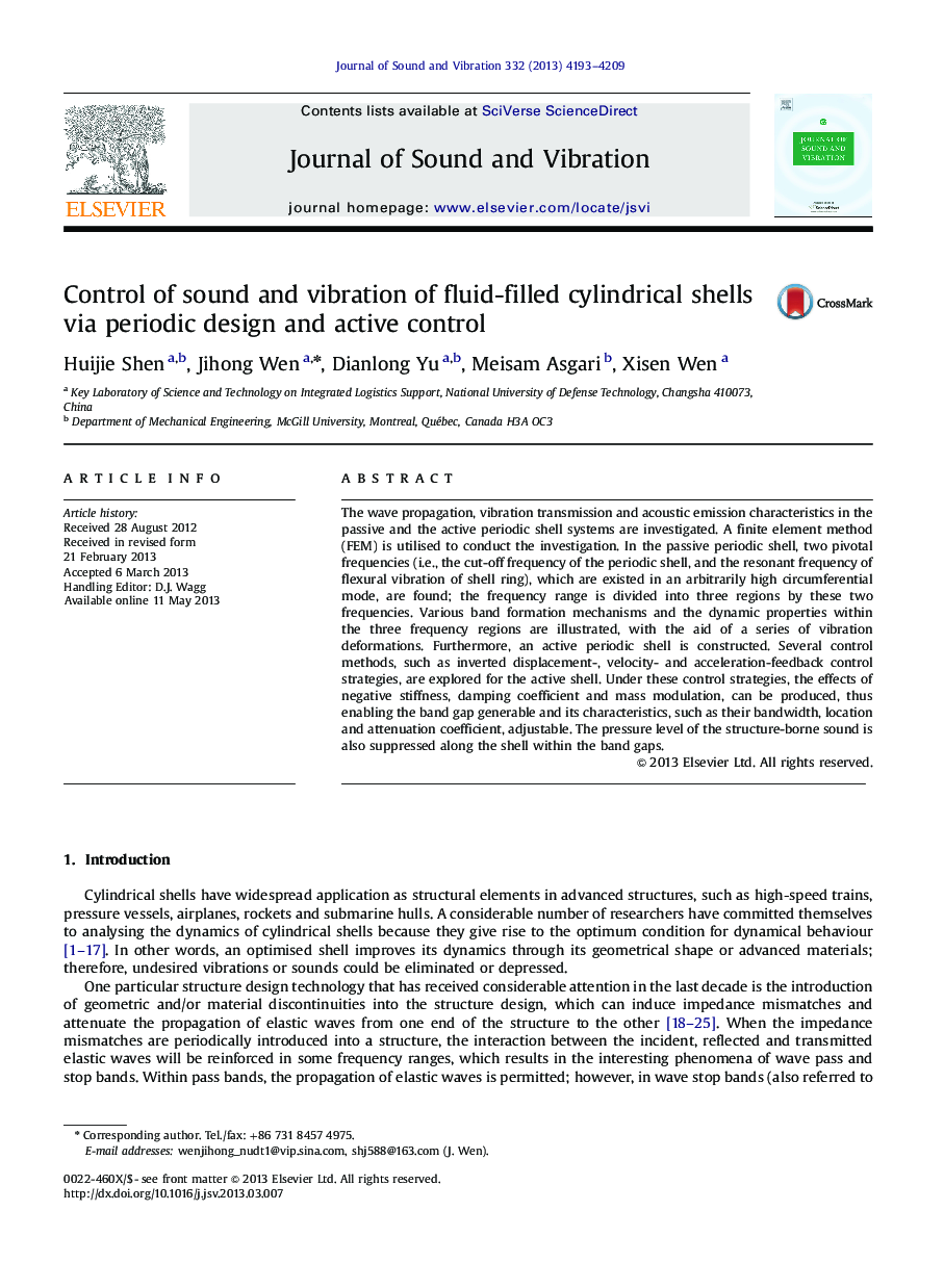 Control of sound and vibration of fluid-filled cylindrical shells via periodic design and active control