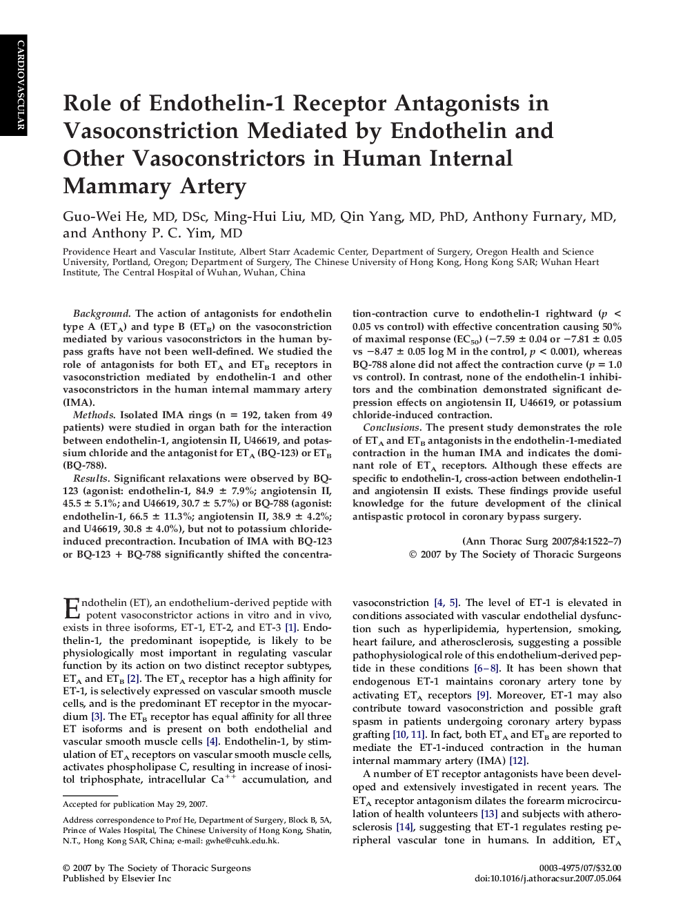 عکس صفحه اول مقاله: Role of Endothelin-1 Receptor Antagonists in Vasoconstriction Mediated by Endothelin and Other Vasoconstrictors in Human Internal Mammary Artery Role of Endothelin-1 Receptor Antagonists in Vasoconstriction Mediated by Endothelin and Other Vasoconstrictors in Human Internal Mammary Artery