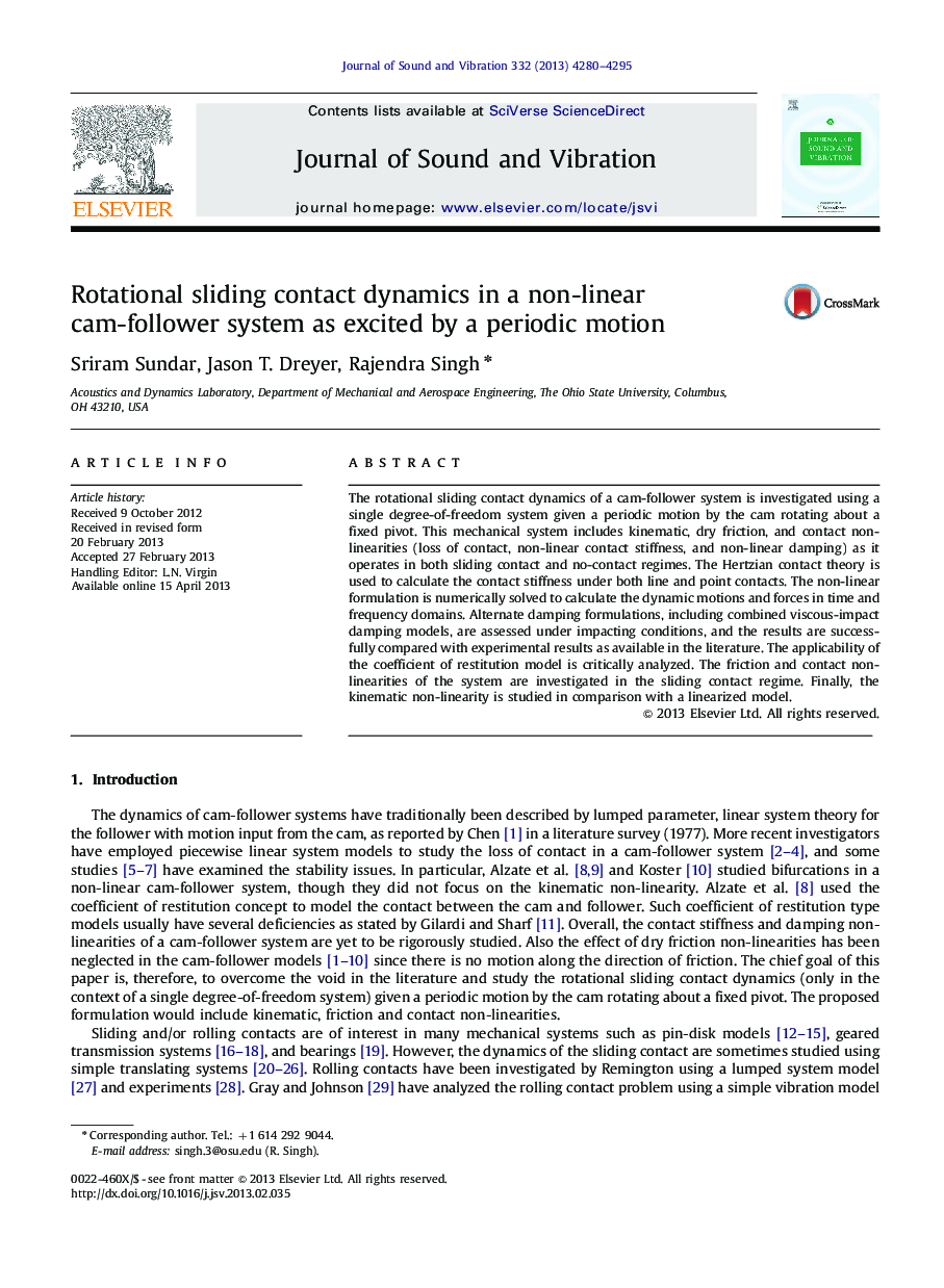 Rotational sliding contact dynamics in a non-linear cam-follower system as excited by a periodic motion