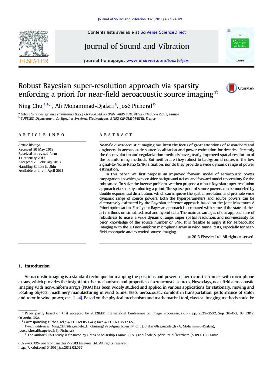 Robust Bayesian super-resolution approach via sparsity enforcing a priori for near-field aeroacoustic source imaging 