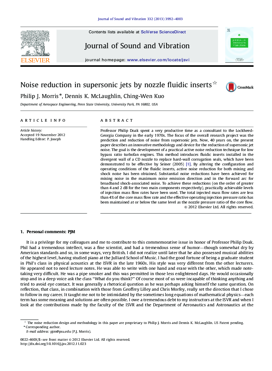 Noise reduction in supersonic jets by nozzle fluidic inserts 
