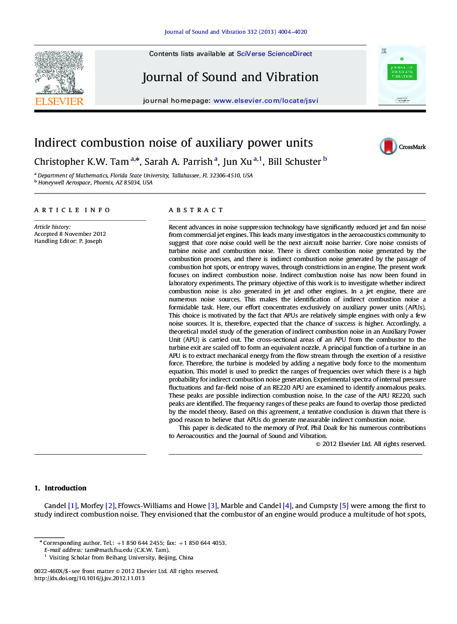 Indirect combustion noise of auxiliary power units