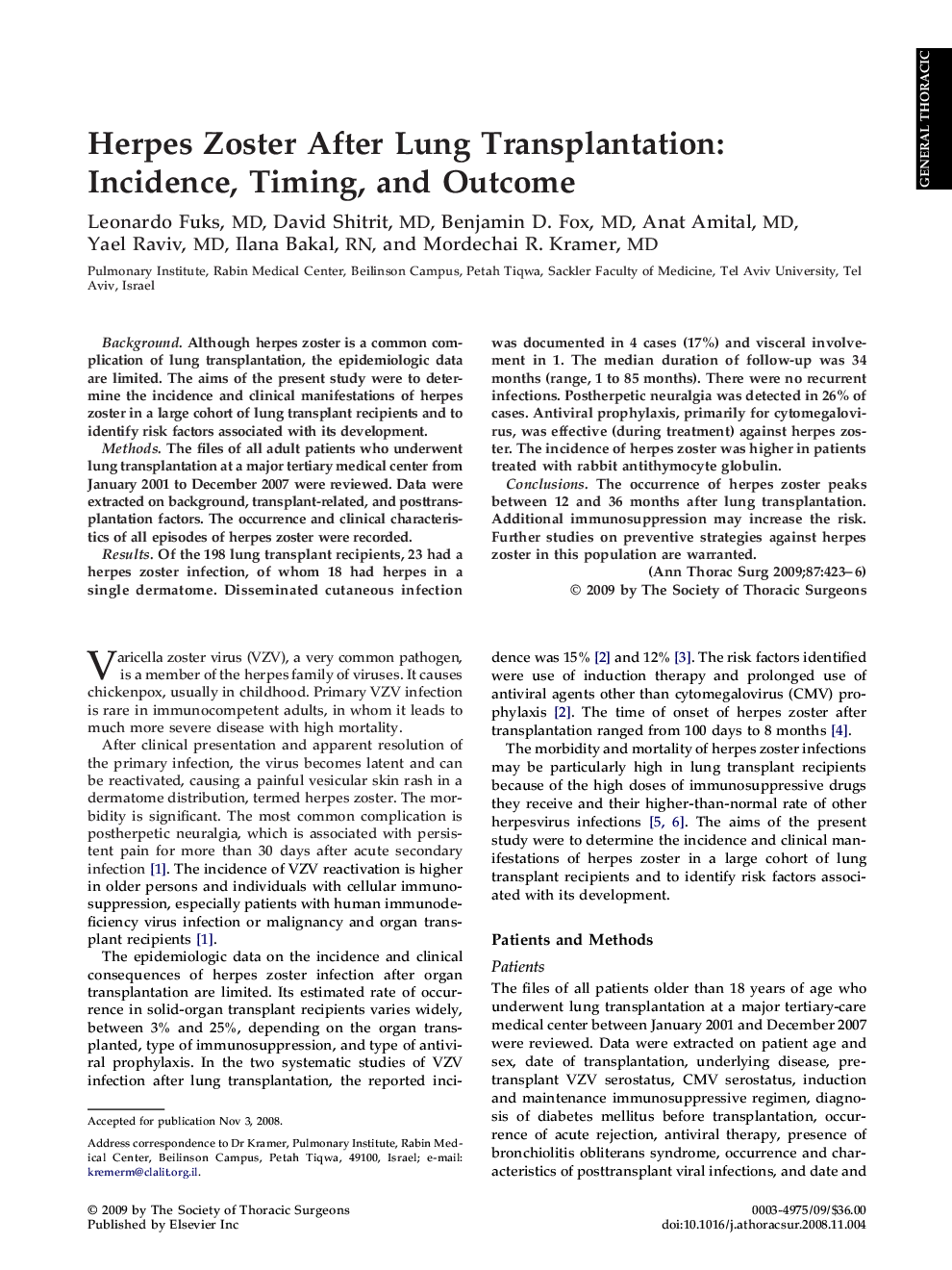 Herpes Zoster After Lung Transplantation: Incidence, Timing, and Outcome