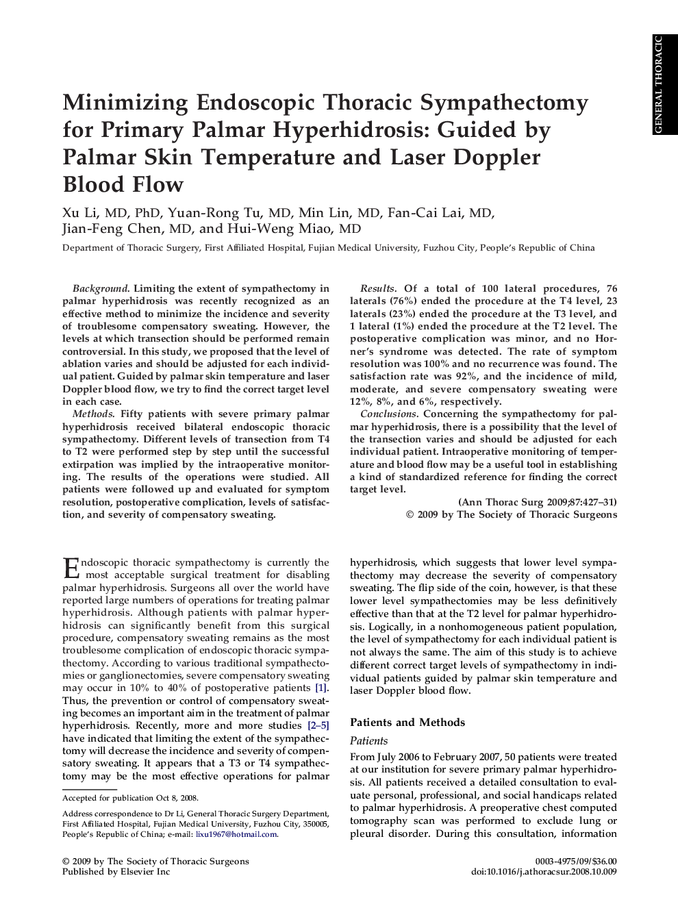 Minimizing Endoscopic Thoracic Sympathectomy for Primary Palmar Hyperhidrosis: Guided by Palmar Skin Temperature and Laser Doppler Blood Flow