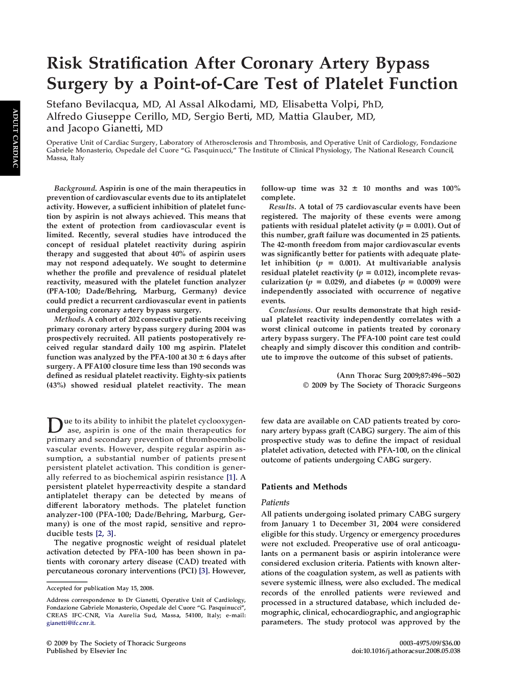 Risk Stratification After Coronary Artery Bypass Surgery by a Point-of-Care Test of Platelet Function