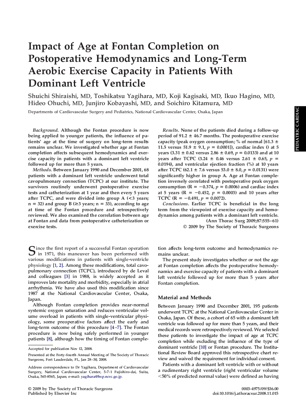 Impact of Age at Fontan Completion on Postoperative Hemodynamics and Long-Term Aerobic Exercise Capacity in Patients With Dominant Left Ventricle