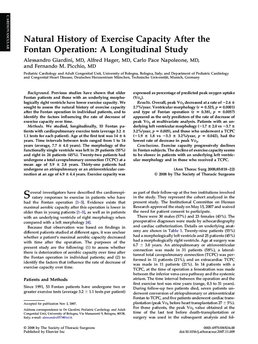 Natural History of Exercise Capacity After the Fontan Operation: A Longitudinal Study