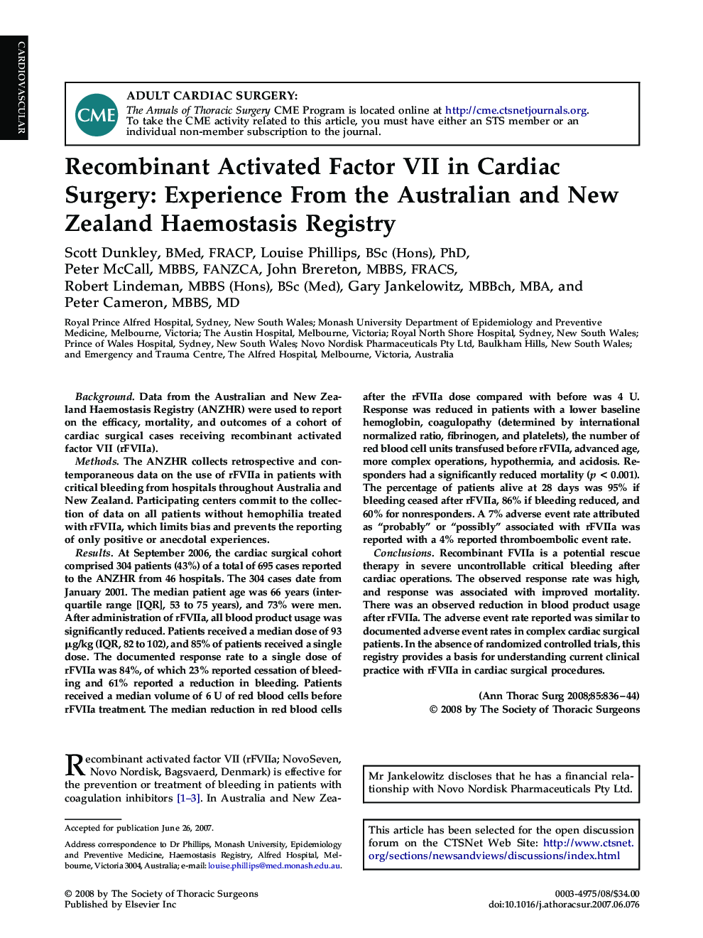 Recombinant Activated Factor VII in Cardiac Surgery: Experience From the Australian and New Zealand Haemostasis Registry