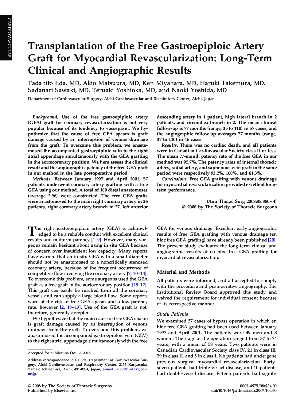 Transplantation of the Free Gastroepiploic Artery Graft for Myocardial Revascularization: Long-Term Clinical and Angiographic Results