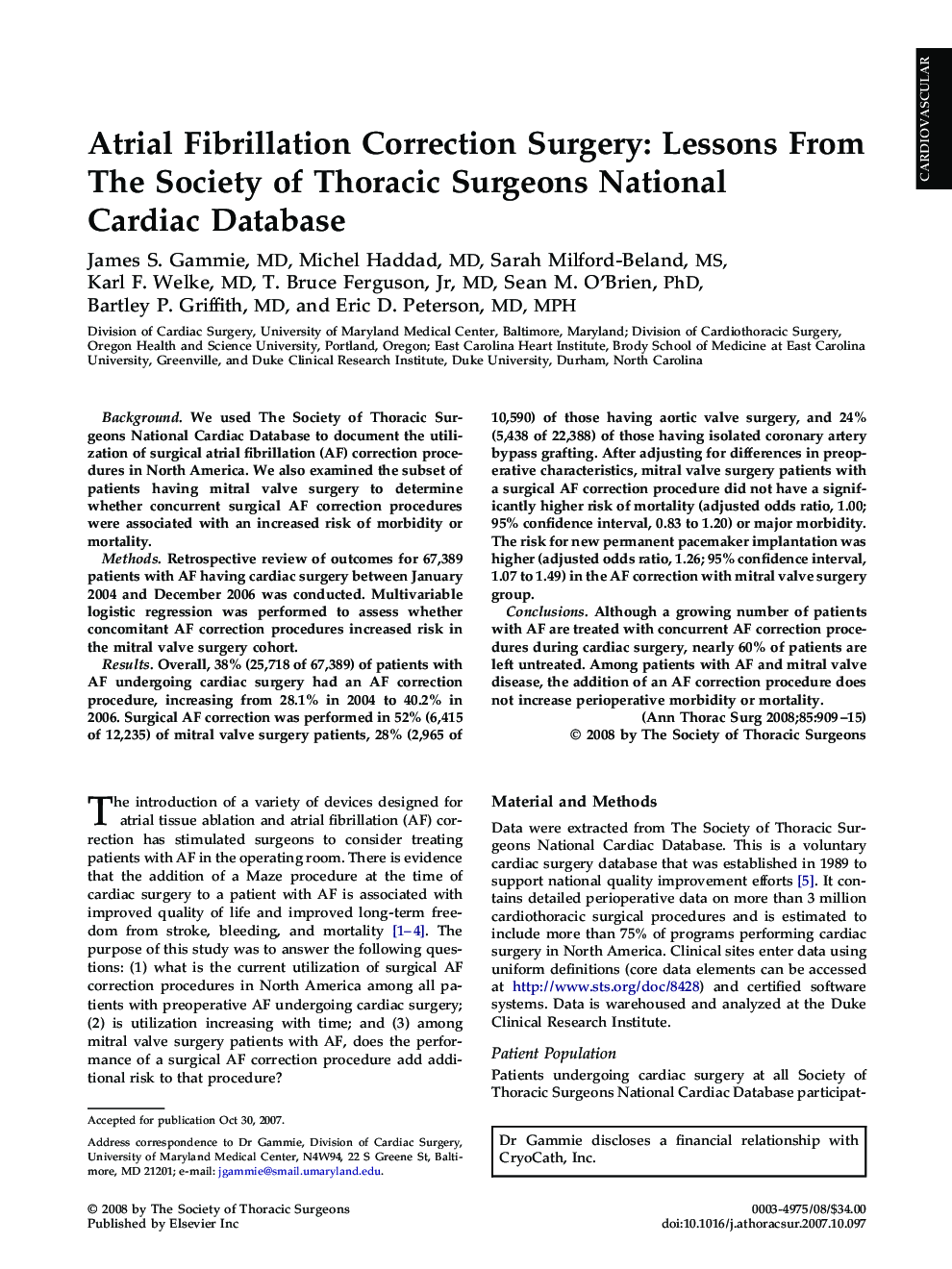 Atrial Fibrillation Correction Surgery: Lessons From The Society of Thoracic Surgeons National Cardiac Database