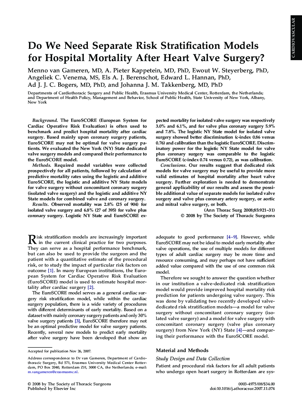 Do We Need Separate Risk Stratification Models for Hospital Mortality After Heart Valve Surgery?