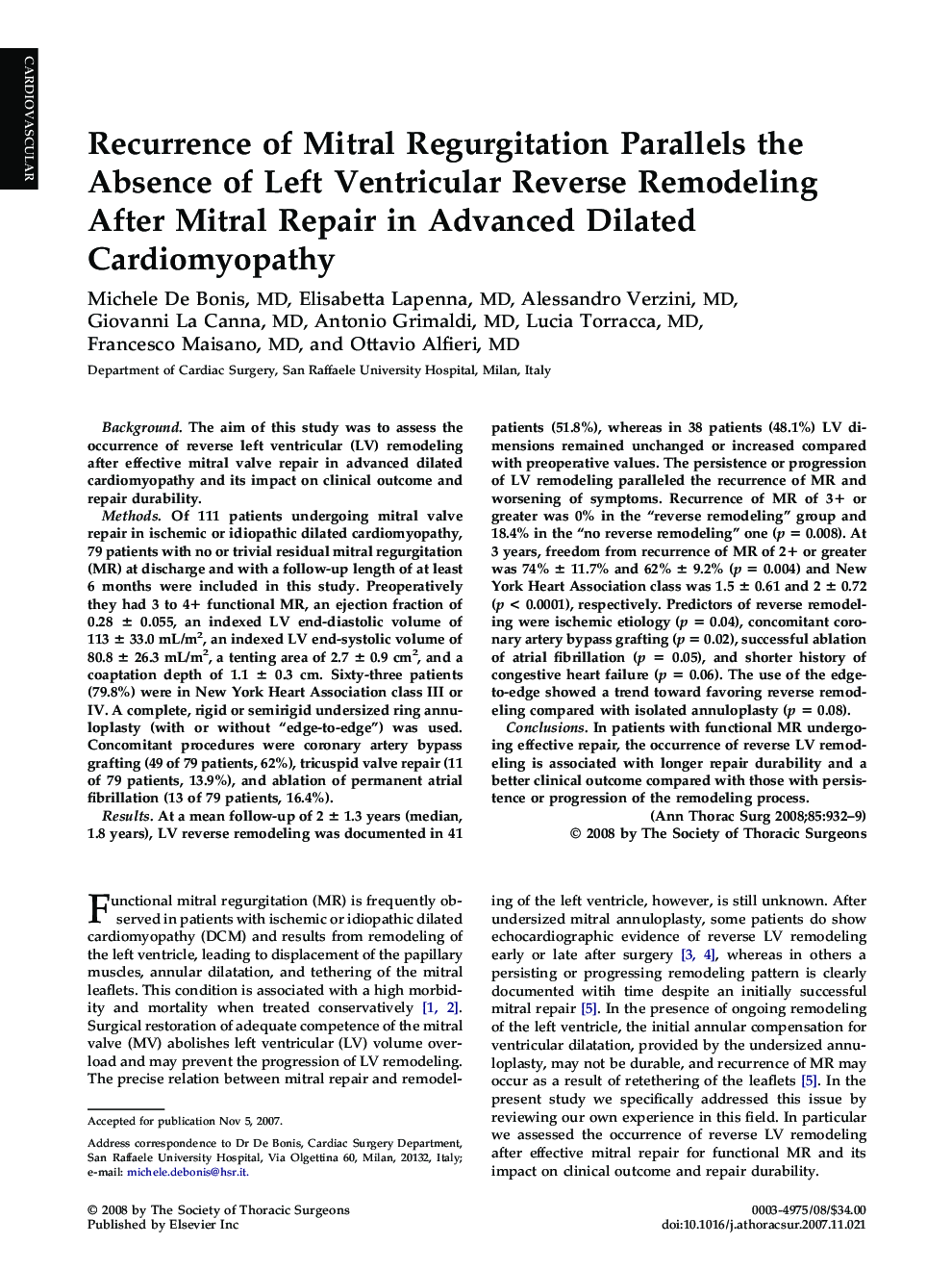 Recurrence of Mitral Regurgitation Parallels the Absence of Left Ventricular Reverse Remodeling After Mitral Repair in Advanced Dilated Cardiomyopathy
