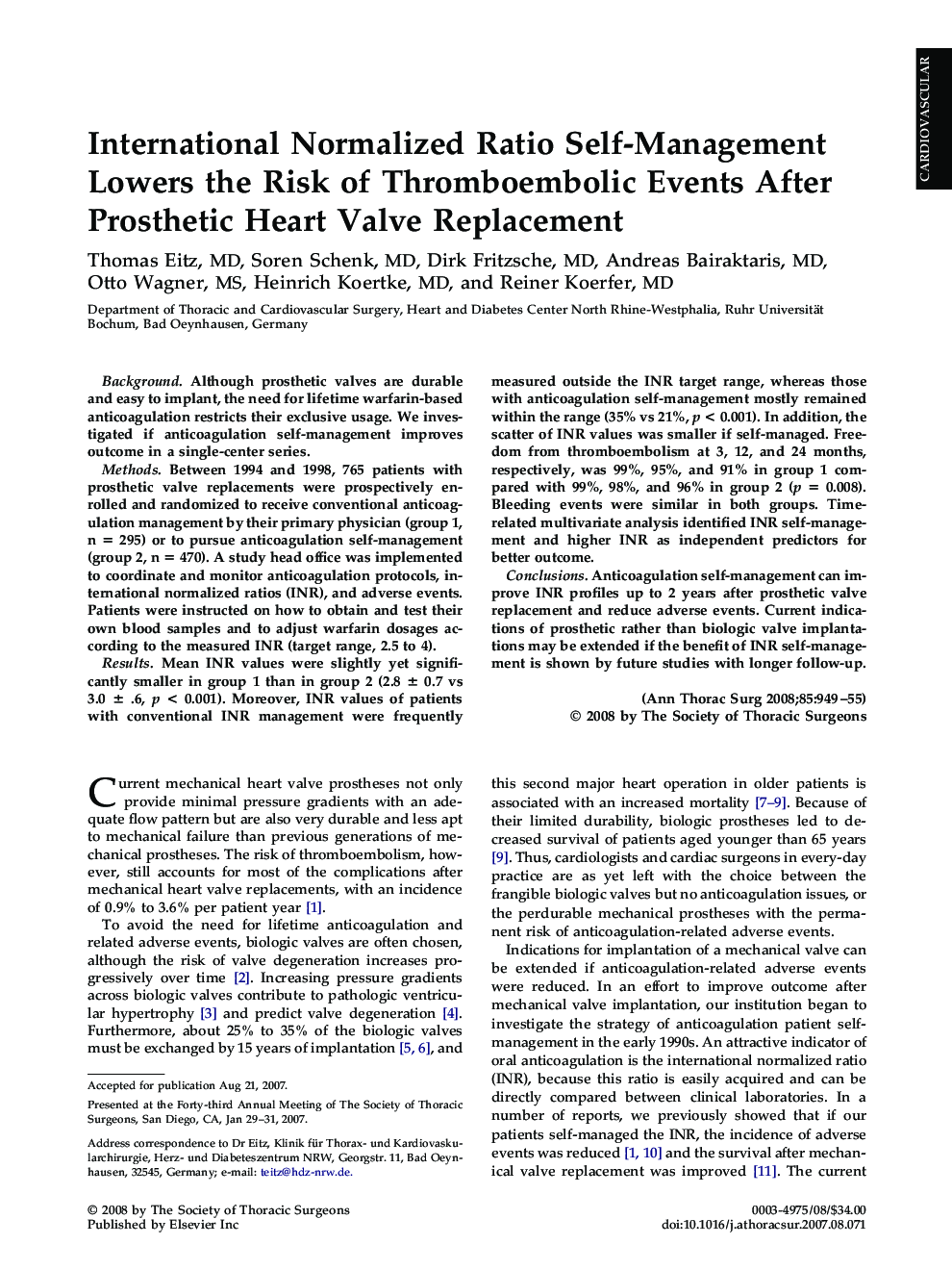 International Normalized Ratio Self-Management Lowers the Risk of Thromboembolic Events After Prosthetic Heart Valve Replacement