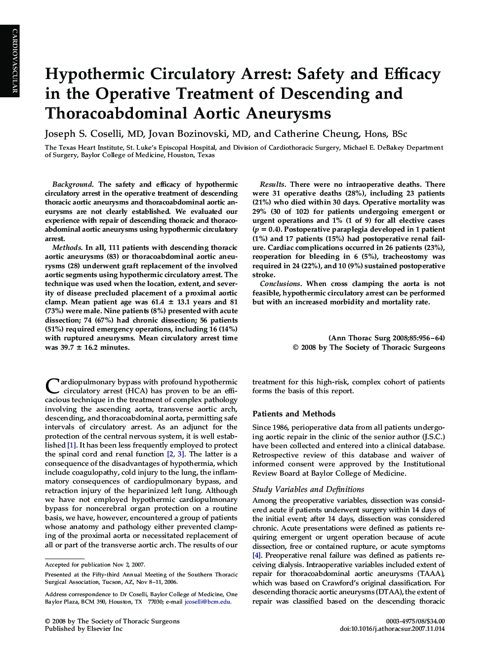Hypothermic Circulatory Arrest: Safety and Efficacy in the Operative Treatment of Descending and Thoracoabdominal Aortic Aneurysms
