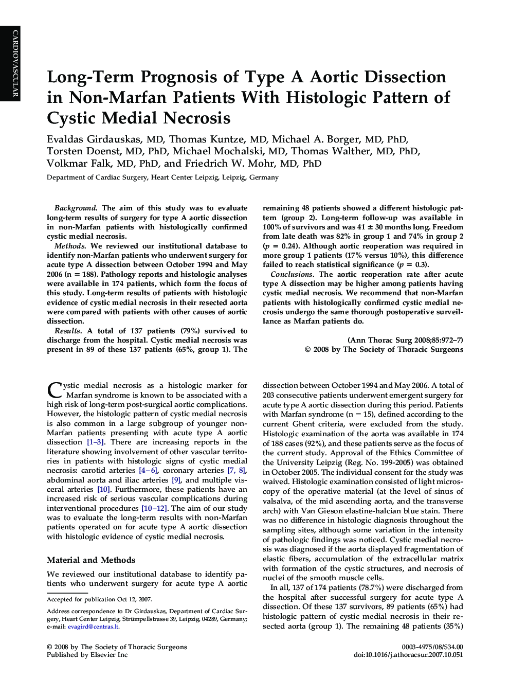 Long-Term Prognosis of Type A Aortic Dissection in Non-Marfan Patients With Histologic Pattern of Cystic Medial Necrosis