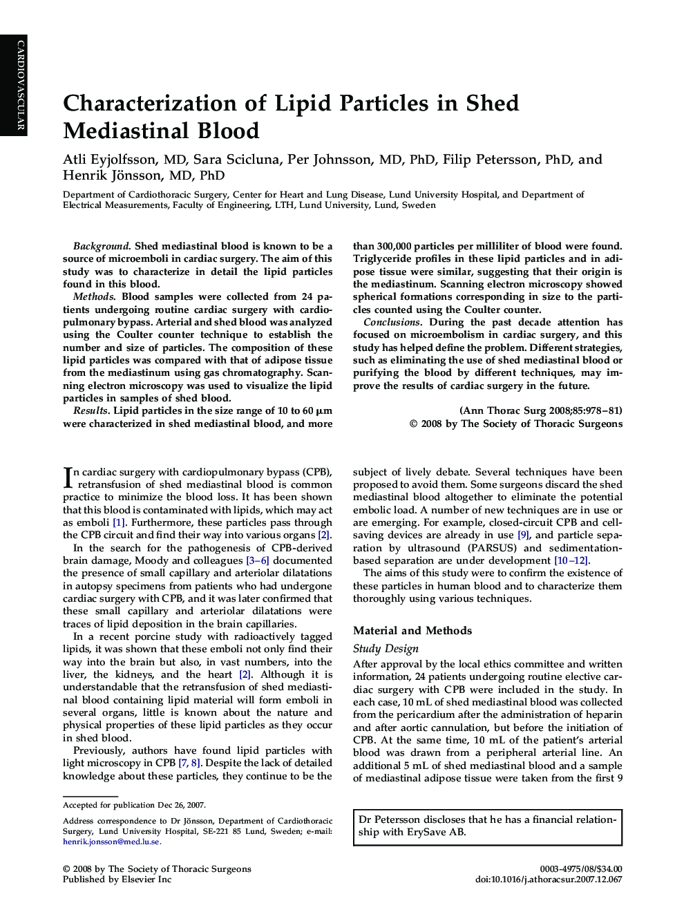 Characterization of Lipid Particles in Shed Mediastinal Blood