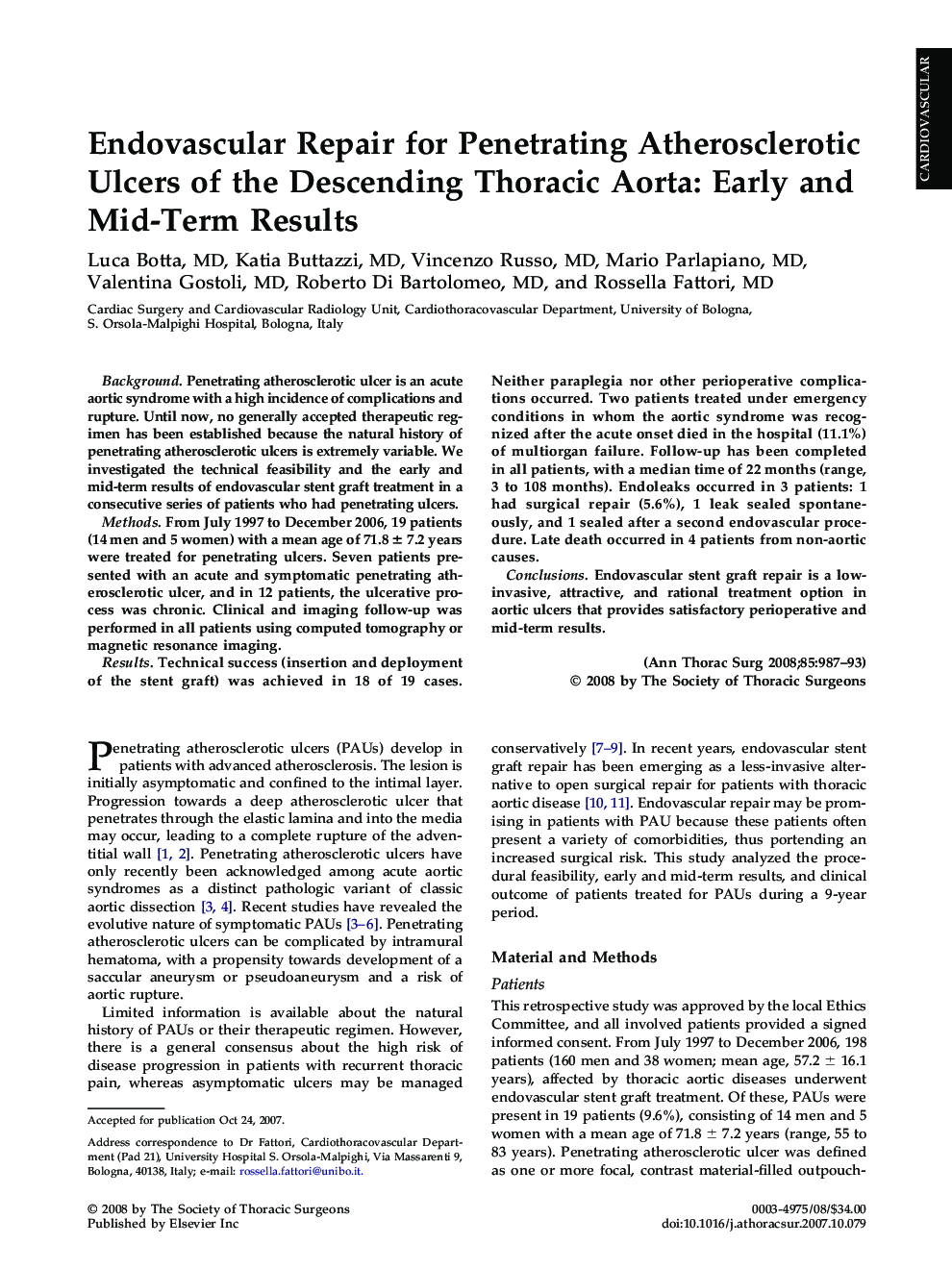 Endovascular Repair for Penetrating Atherosclerotic Ulcers of the Descending Thoracic Aorta: Early and Mid-Term Results