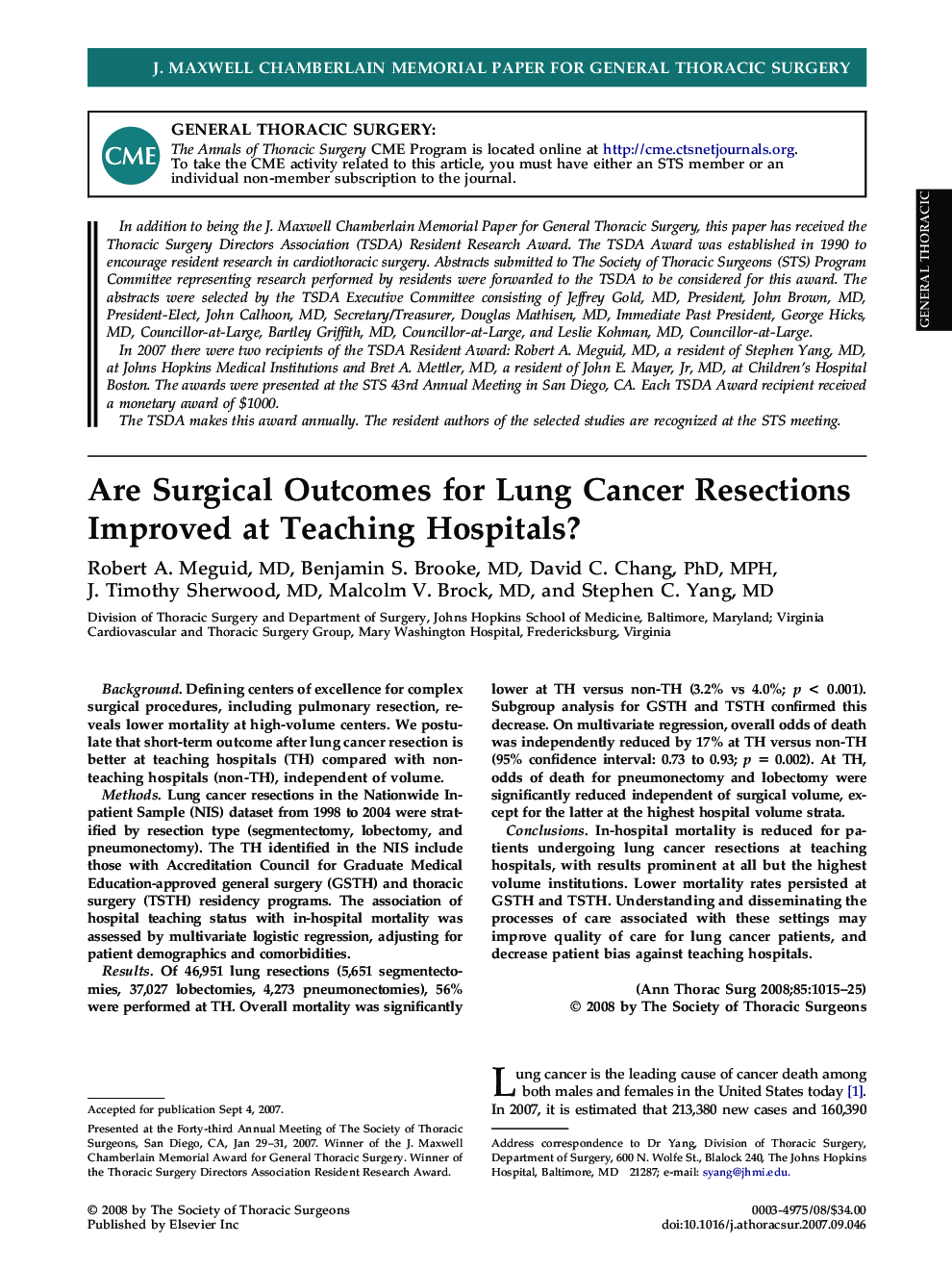 Are Surgical Outcomes for Lung Cancer Resections Improved at Teaching Hospitals?