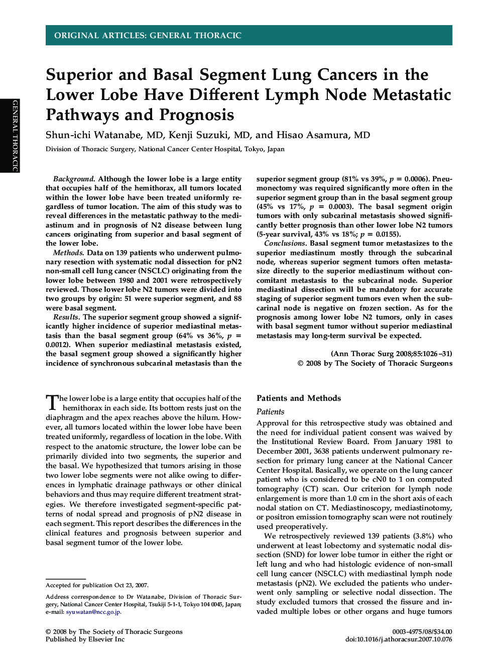 Superior and Basal Segment Lung Cancers in the Lower Lobe Have Different Lymph Node Metastatic Pathways and Prognosis