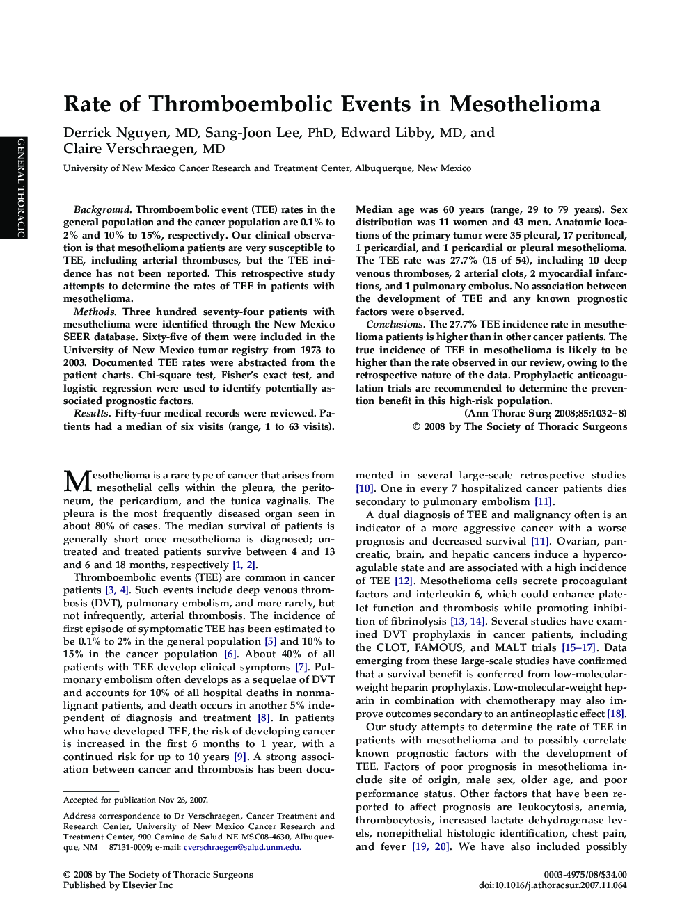 Rate of Thromboembolic Events in Mesothelioma