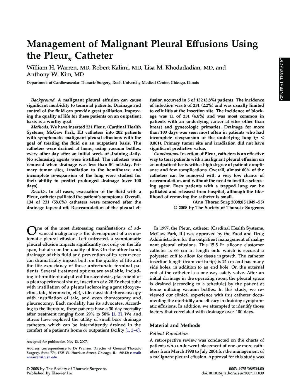 Management of Malignant Pleural Effusions Using the Pleurx Catheter