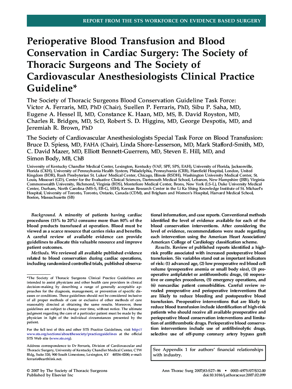Perioperative Blood Transfusion and Blood Conservation in Cardiac Surgery: The Society of Thoracic Surgeons and The Society of Cardiovascular Anesthesiologists Clinical Practice Guideline*