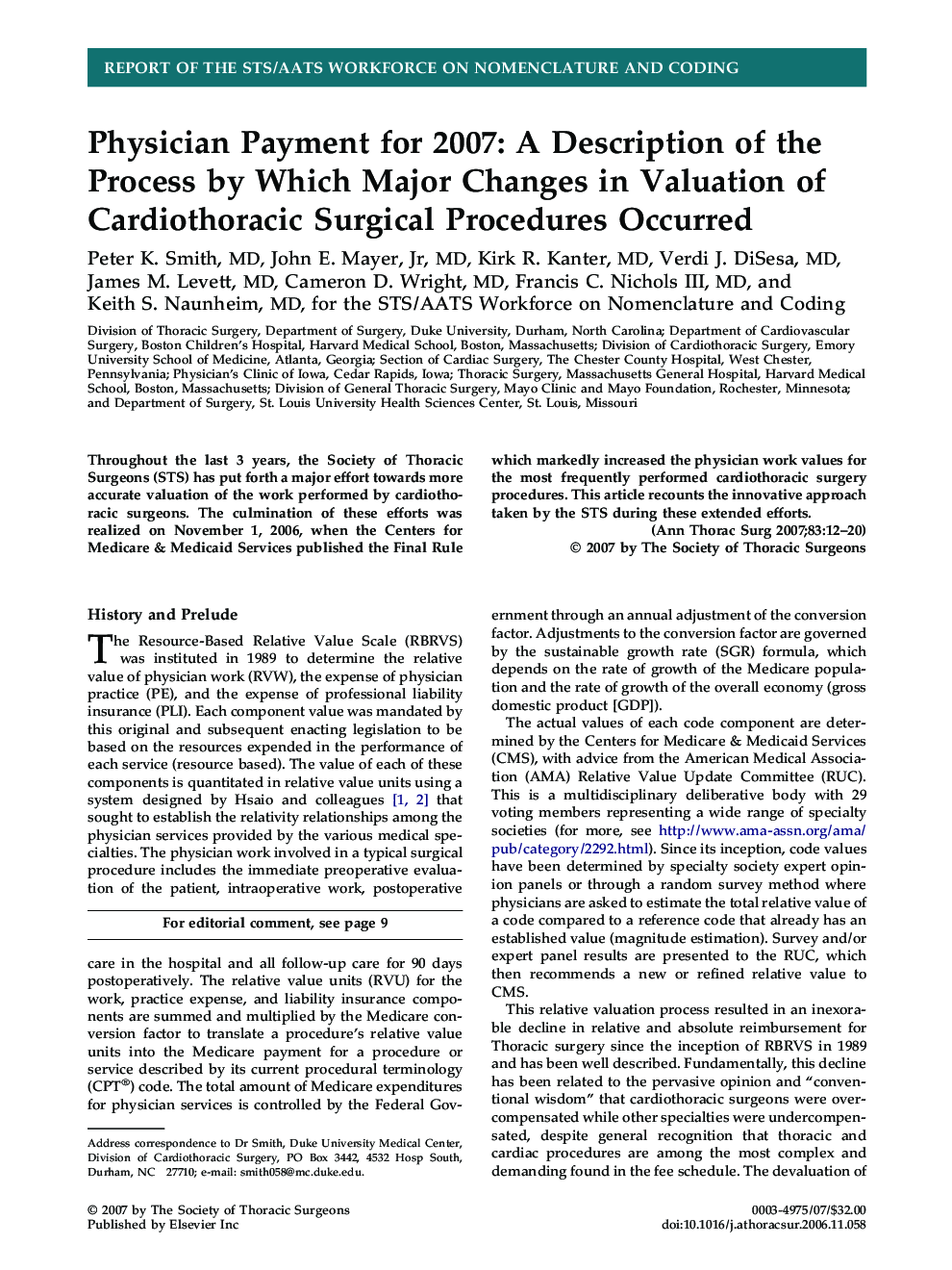 Physician Payment for 2007: A Description of the Process by Which Major Changes in Valuation of Cardiothoracic Surgical Procedures Occurred