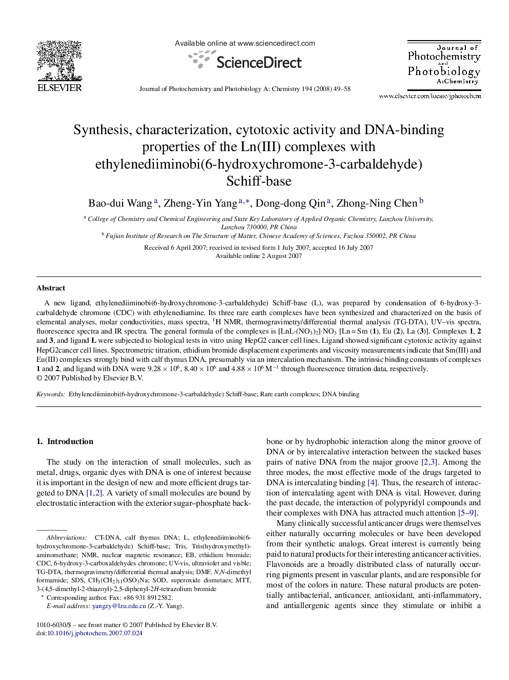 Synthesis, characterization, cytotoxic activity and DNA-binding properties of the Ln(III) complexes with ethylenediiminobi(6-hydroxychromone-3-carbaldehyde) Schiff-base