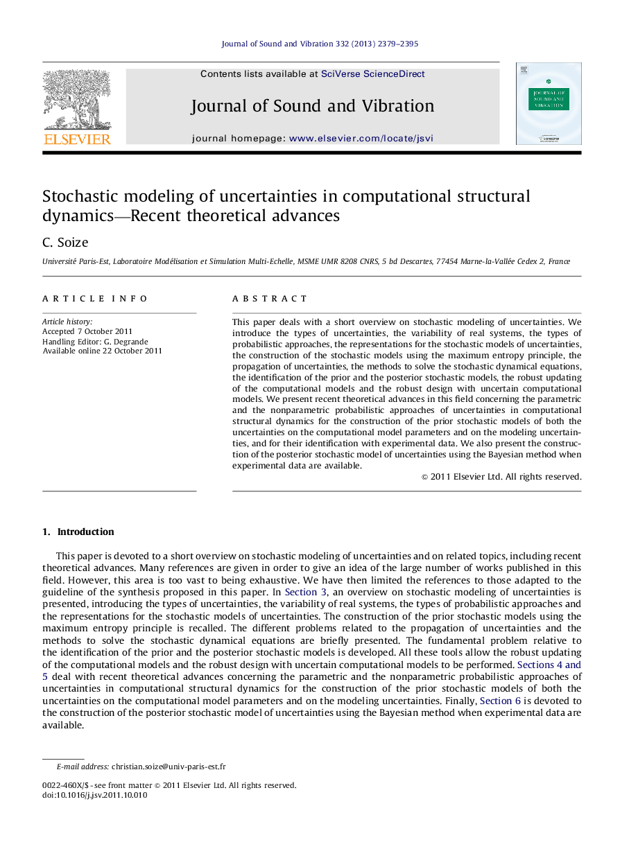Stochastic modeling of uncertainties in computational structural dynamics—Recent theoretical advances