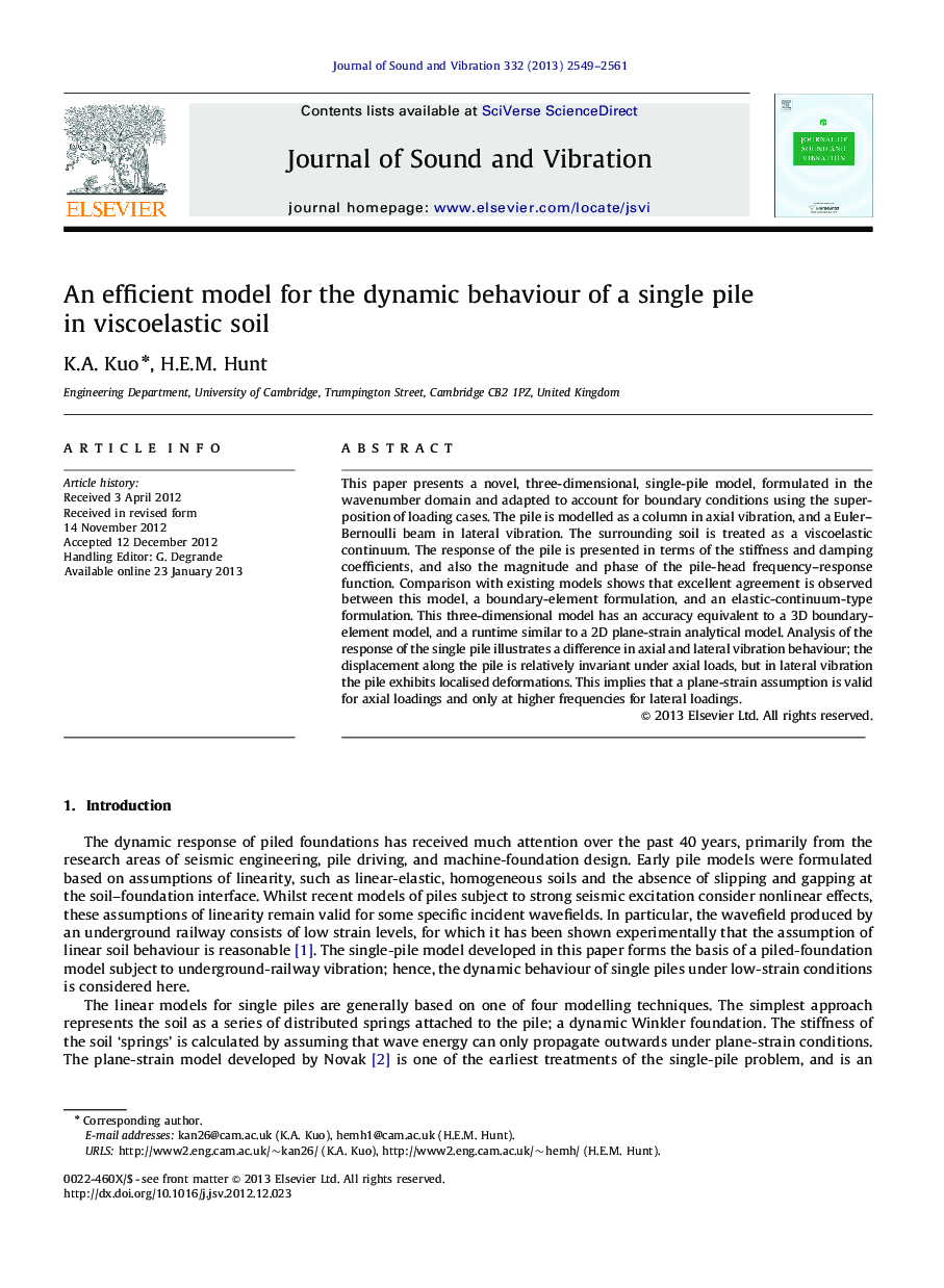 An efficient model for the dynamic behaviour of a single pile in viscoelastic soil