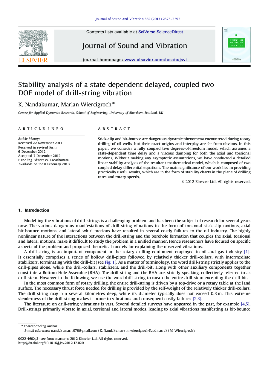 Stability analysis of a state dependent delayed, coupled two DOF model of drill-stringvibration