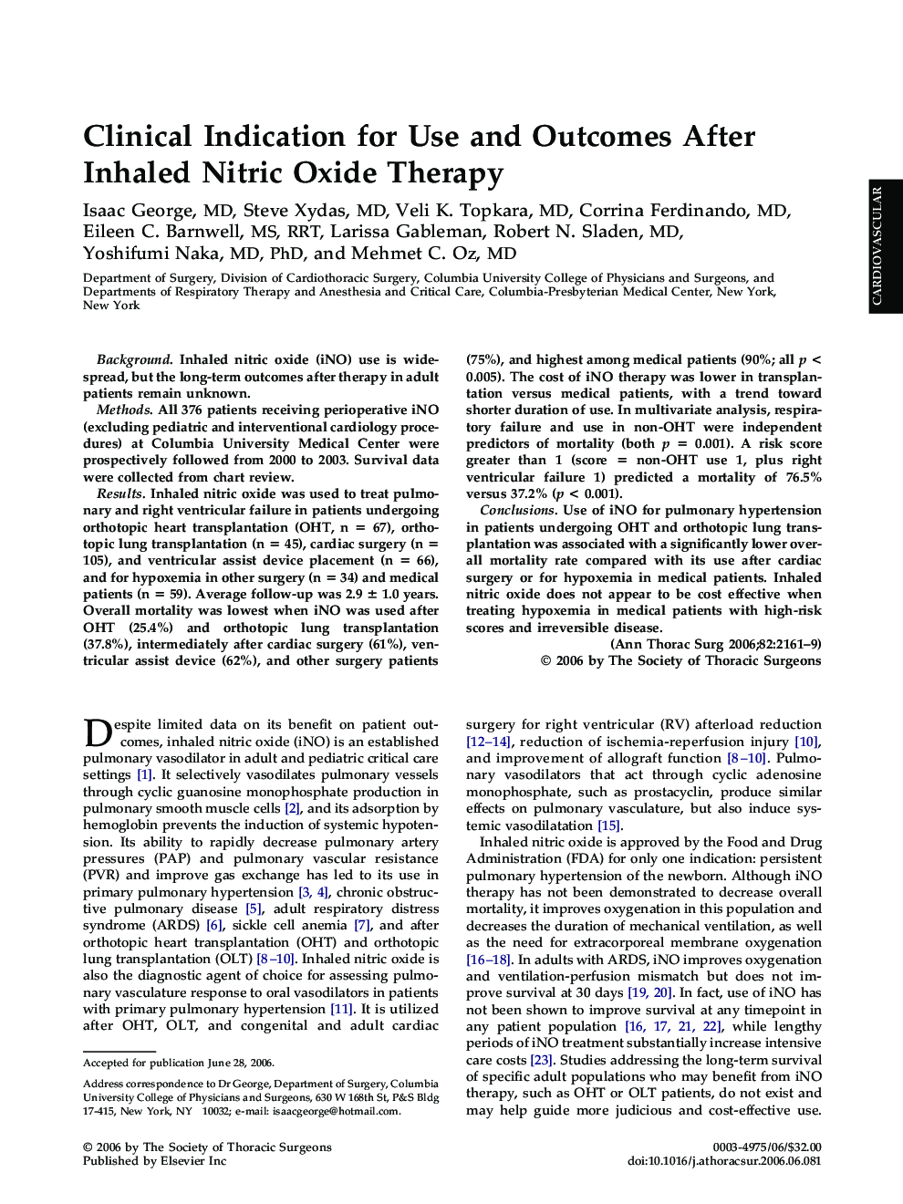 Clinical Indication for Use and Outcomes After Inhaled Nitric Oxide Therapy