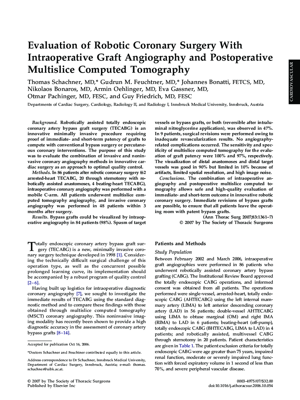 Evaluation of Robotic Coronary Surgery With Intraoperative Graft Angiography and Postoperative Multislice Computed Tomography