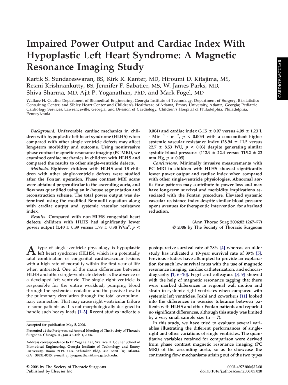 Impaired Power Output and Cardiac Index With Hypoplastic Left Heart Syndrome: A Magnetic Resonance Imaging Study