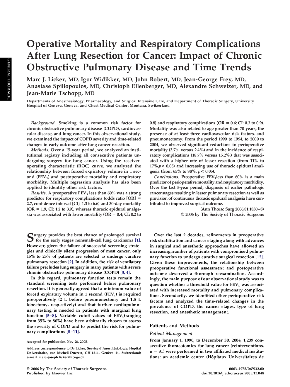 Operative Mortality and Respiratory Complications After Lung Resection for Cancer: Impact of Chronic Obstructive Pulmonary Disease and Time Trends