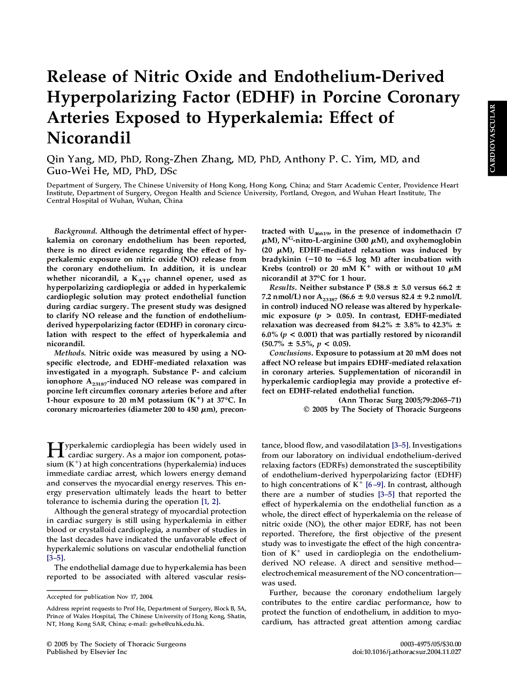 Release of Nitric Oxide and Endothelium-Derived Hyperpolarizing Factor (EDHF) in Porcine Coronary Arteries Exposed to Hyperkalemia: Effect of Nicorandil