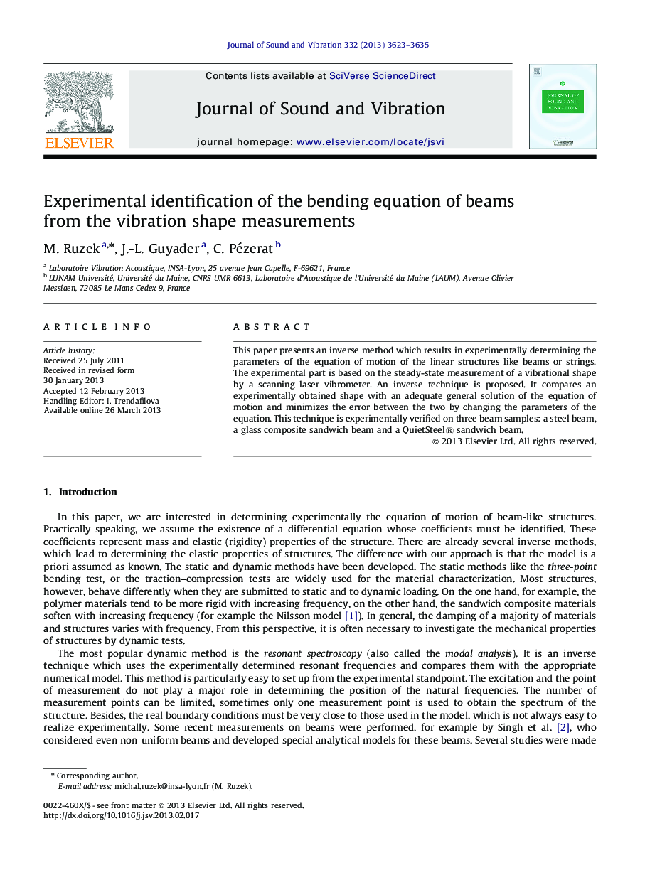 Experimental identification of the bending equation of beams from the vibration shape measurements