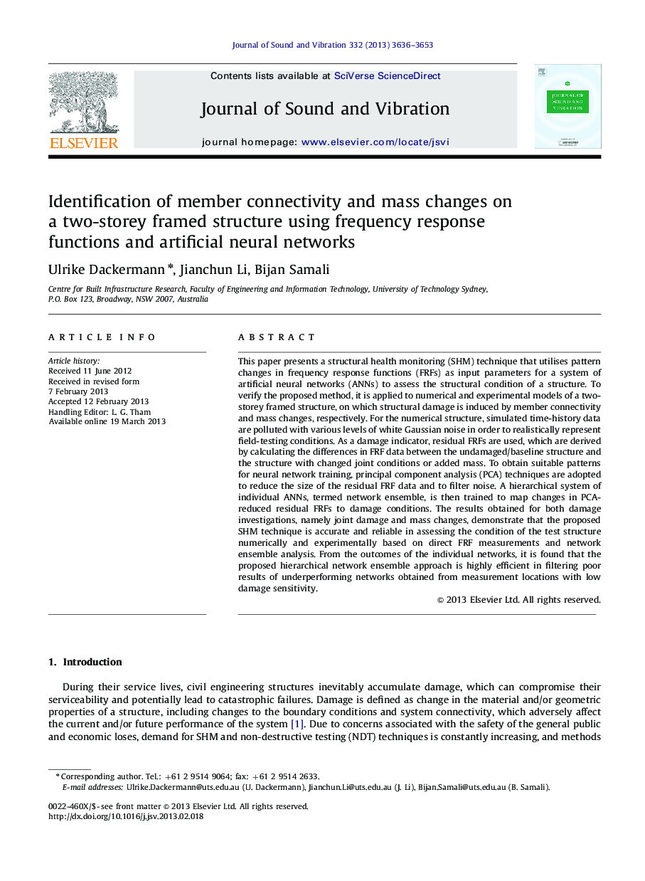 Identification of member connectivity and mass changes on a two-storey framed structure using frequency response functions and artificial neural networks
